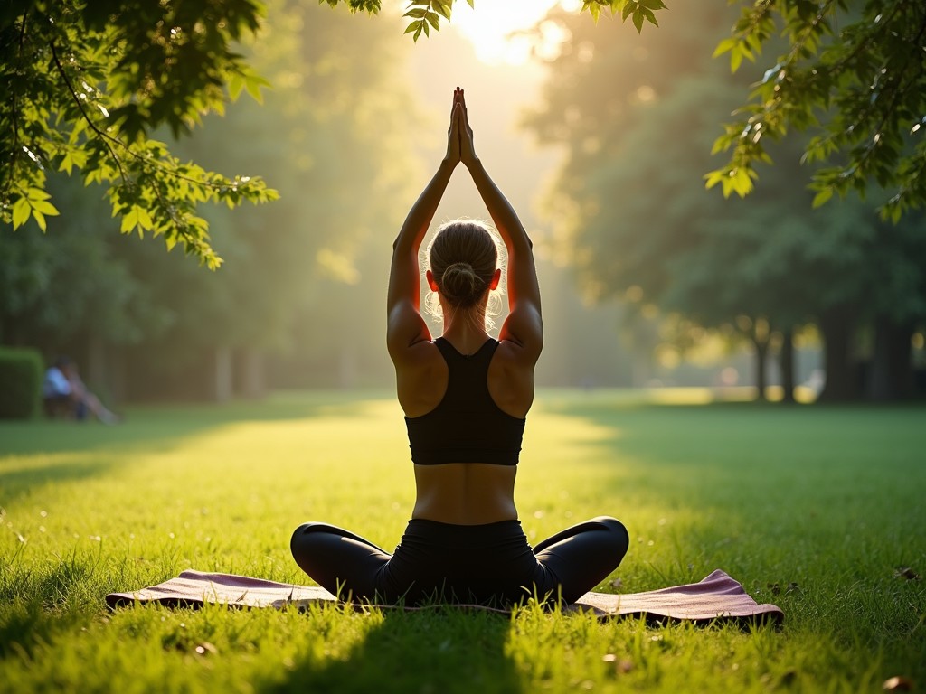 O persoană care practică yoga în aer liber, înconjurată de natură.