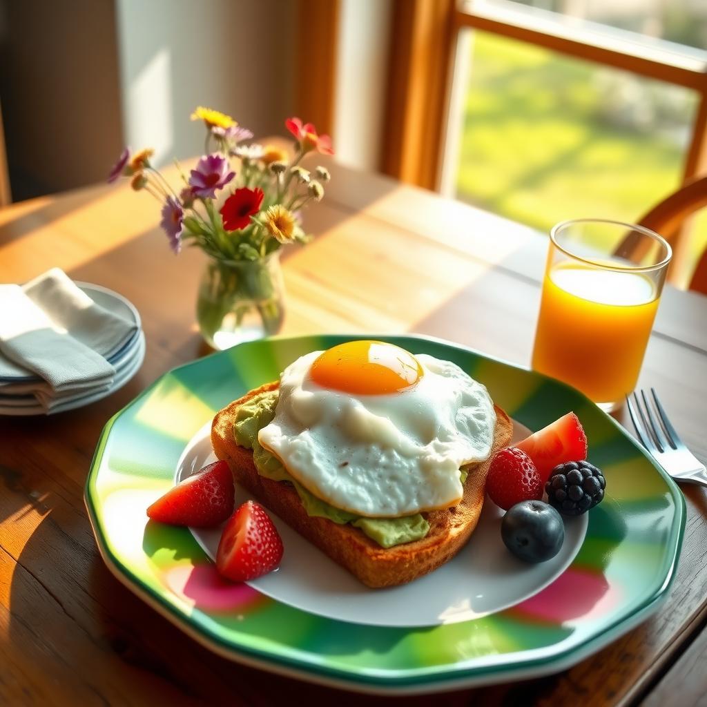 Mic dejun sănătos cu toast de avocado, ou ochi și fructe proaspete pe o masă de lemn.