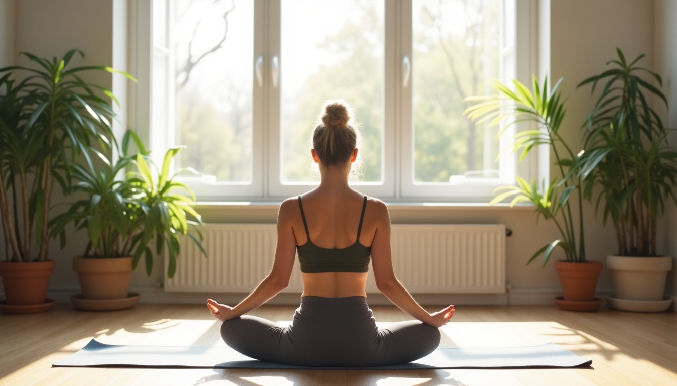 Person performing yoga on a mat in a sunny living room.
