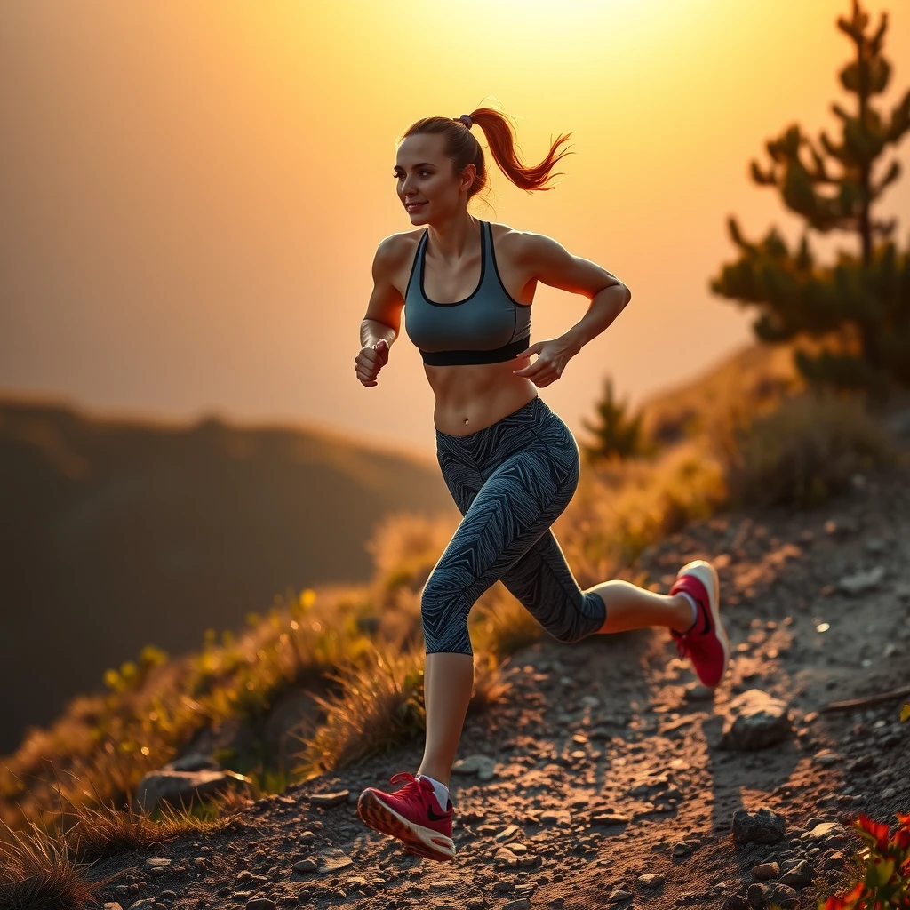 Femeie alergând intens pe pantă la răsărit, exercițiu cardio puternic pentru arderea grăsimilor