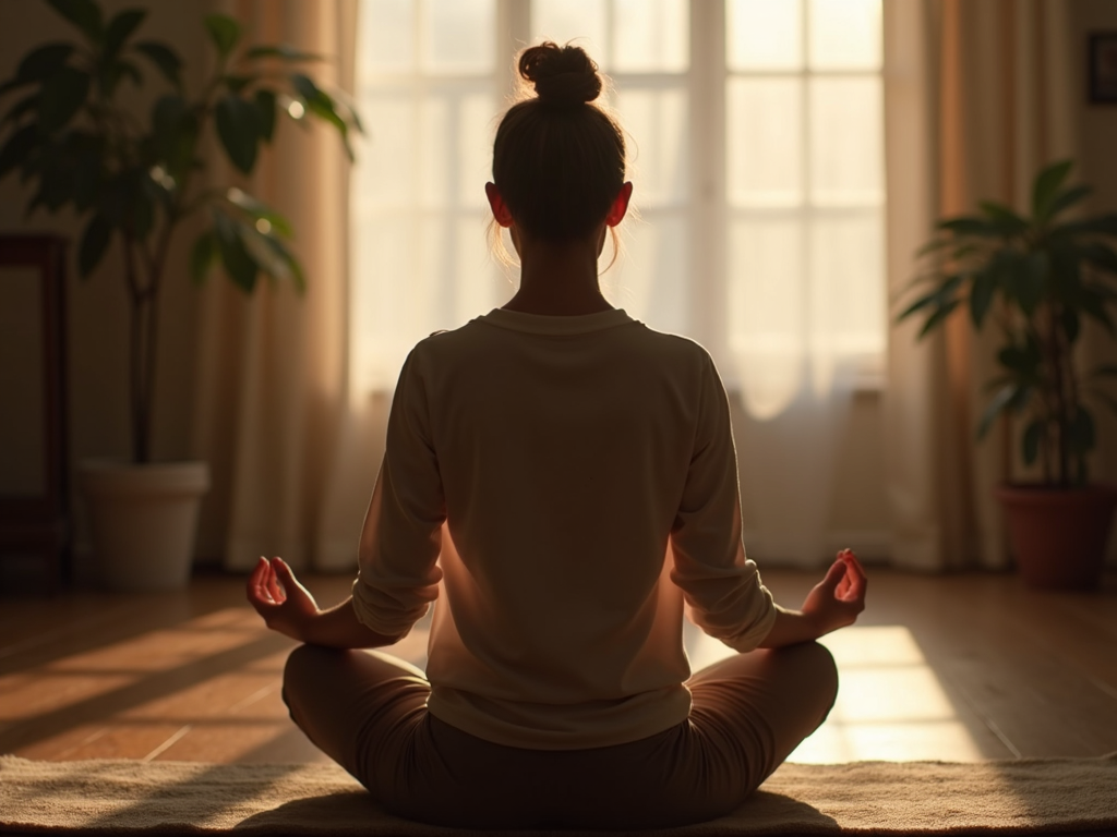 Persoană meditând într-o cameră liniștită, cu lumină suavă și o atmosferă calmă.