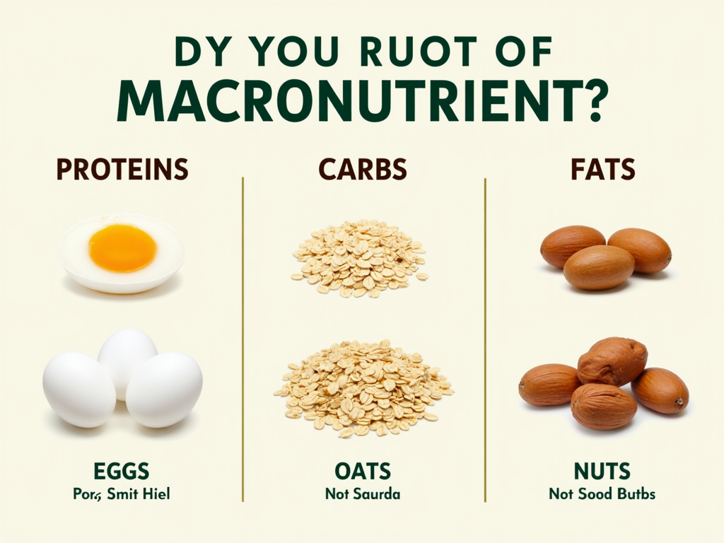 Infografic cu defalcarea macronutrienților (proteine, carbohidrați, grăsimi) și exemple precum ouă, ovăz și nuci.