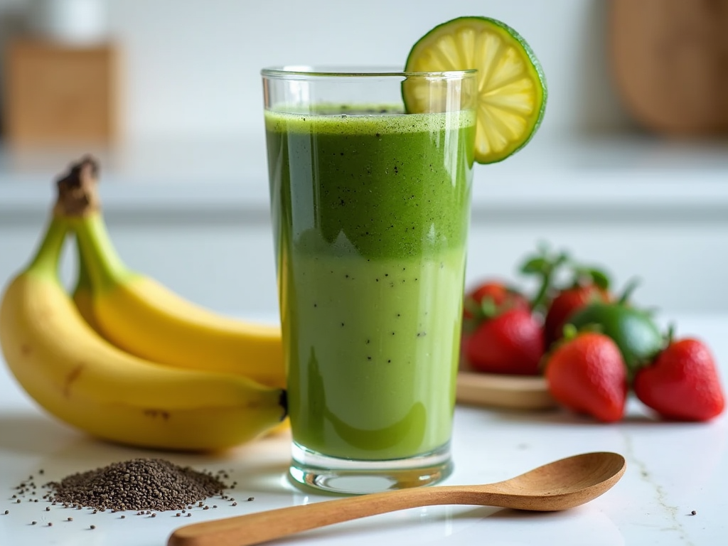 Pahar cu smoothie verde și fructe proaspete pe blat