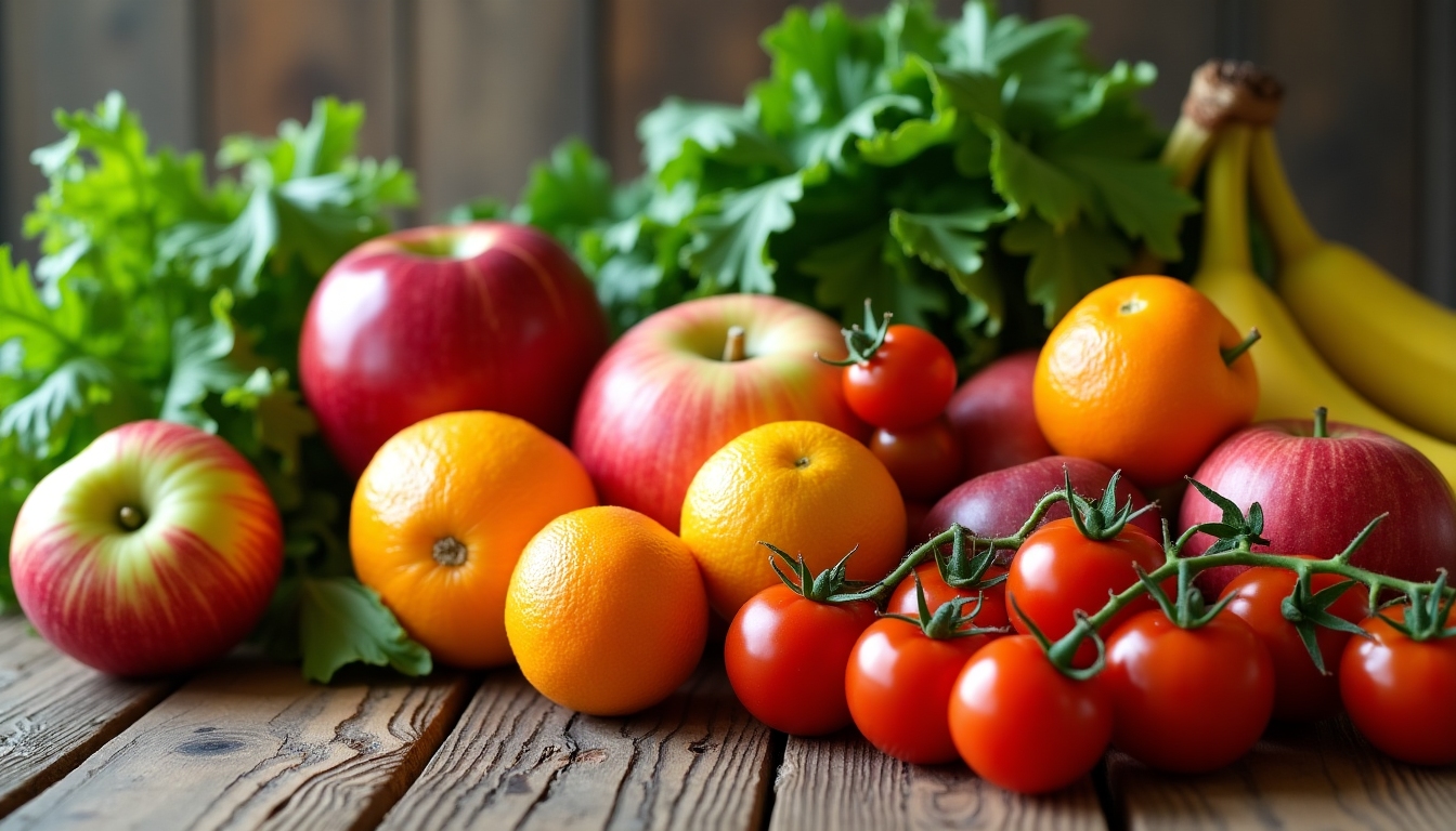 O varietate de fructe și legume proaspete pe o masă de lemn.