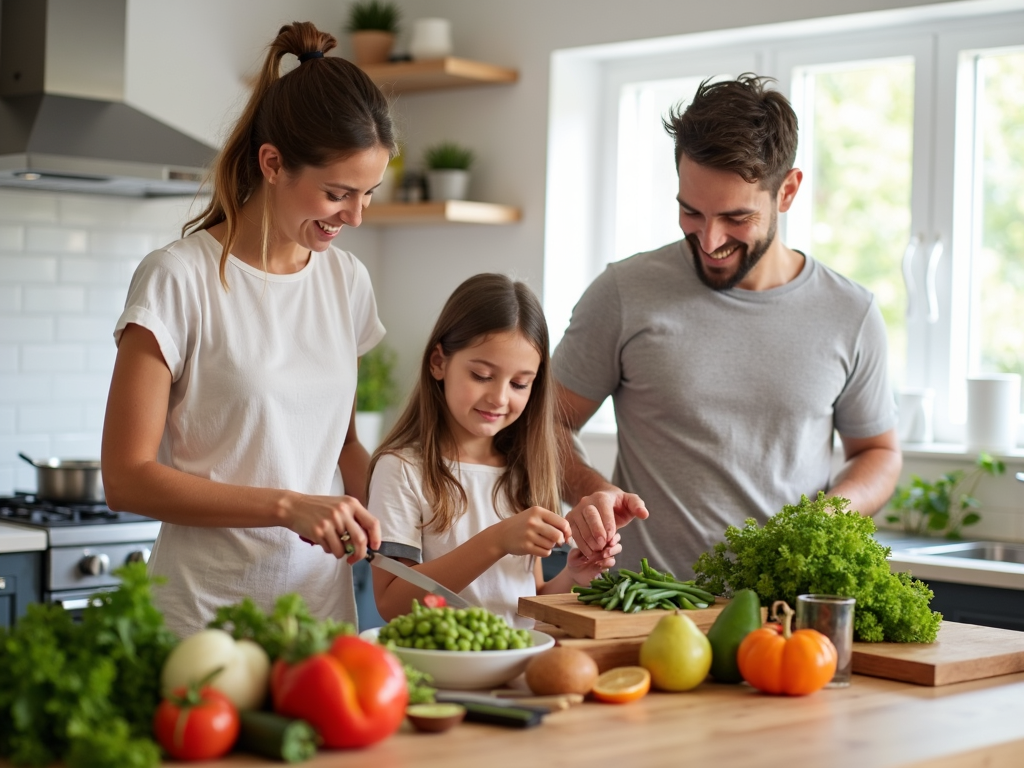 Familie fericită gătind împreună într-o bucătărie luminoasă, cu legume și fructe proaspete pe blat.
