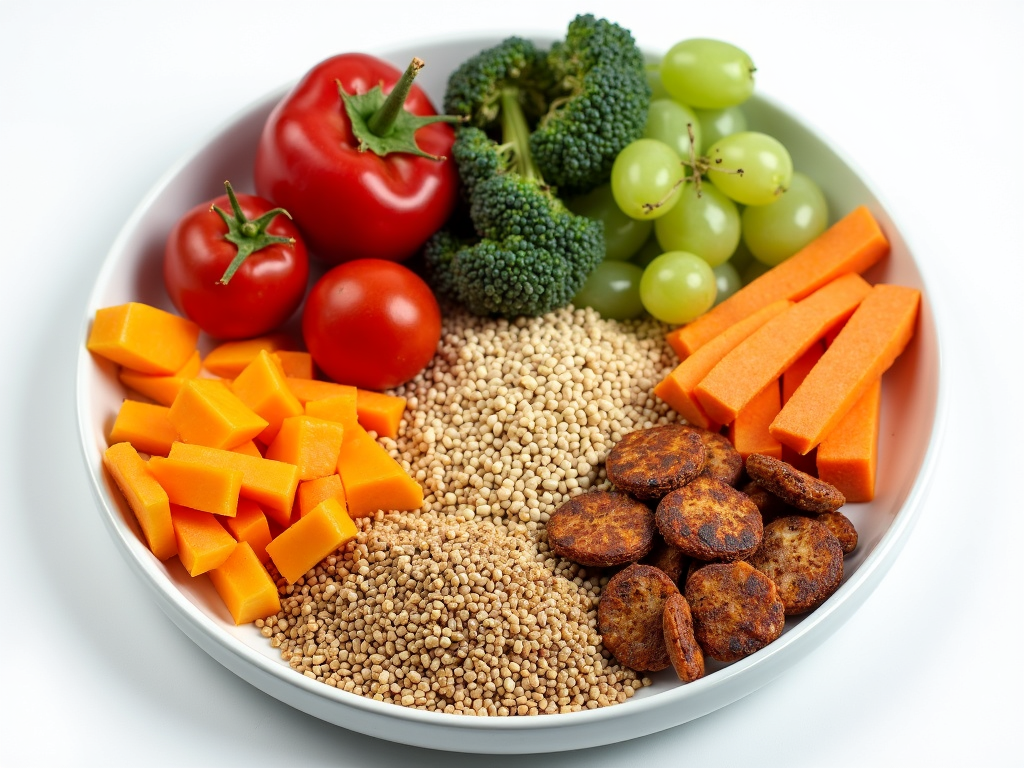 O farfurie colorată plină cu o varietate de fructe, legume, proteine slabe și cereale integrale.