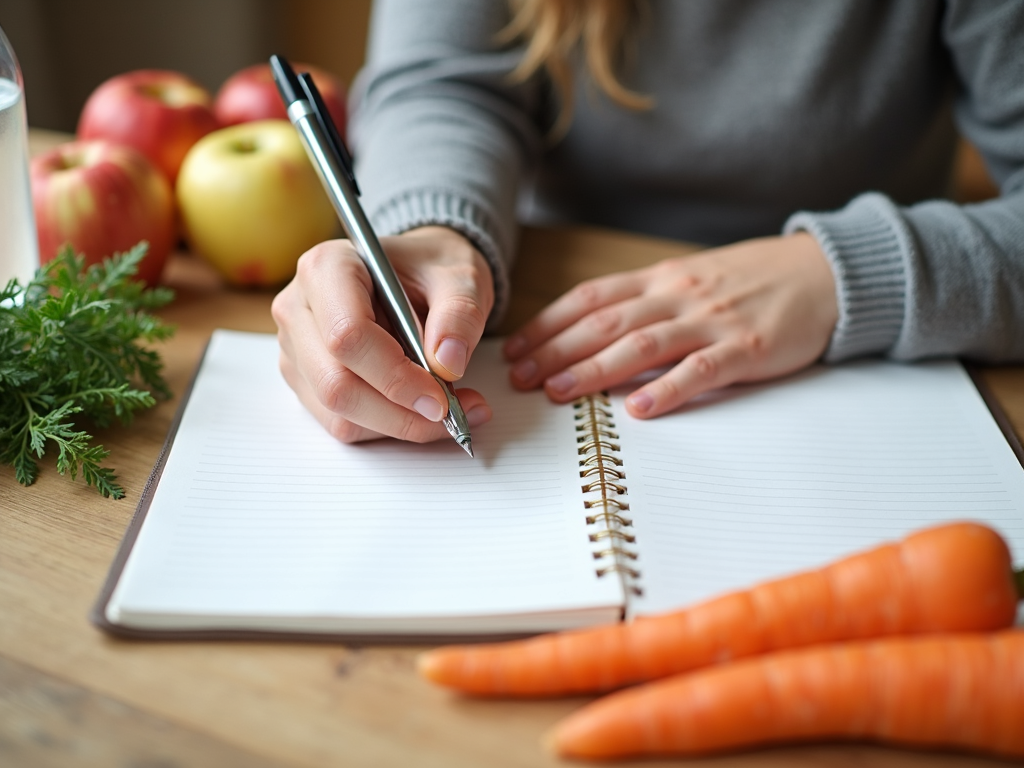 Persoană care scrie într-un jurnal alimentar cu un pix, înconjurată de alimente sănătoase precum mere, morcovi și o sticlă de apă.