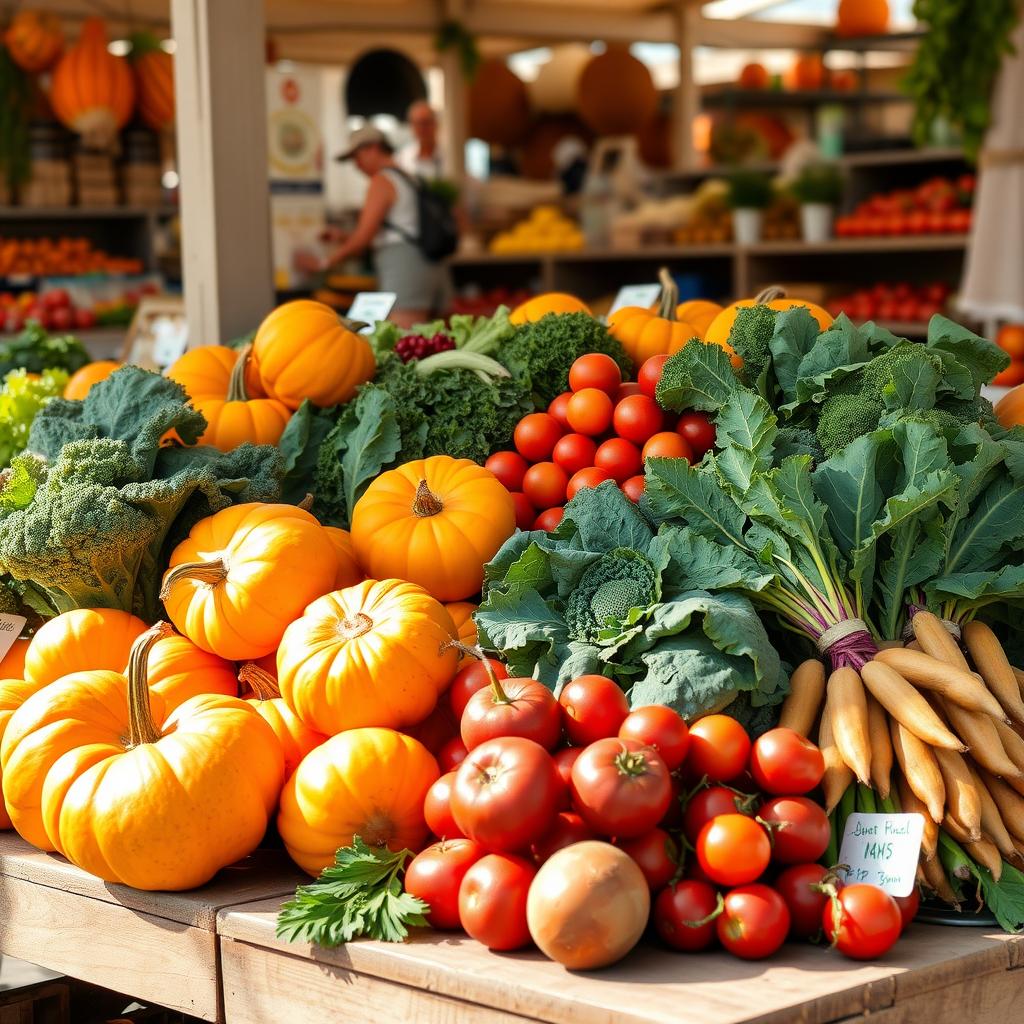 Stand de piață cu legume de sezon colorate, inclusiv dovleci portocalii, kale verde, roșii roșii și sfeclă aurie, așezate pe o masă de lemn sub lumina naturală a soarelui.