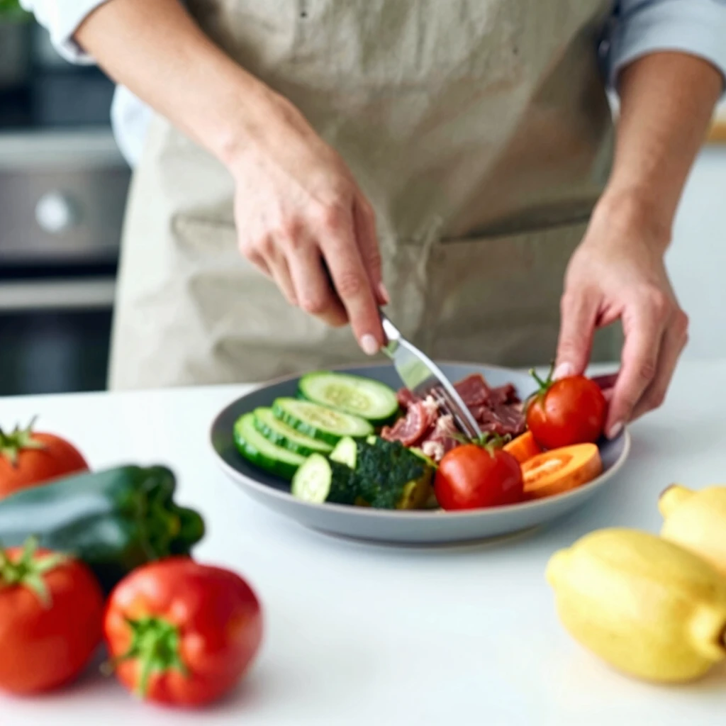 Persoană pregătind o masă sănătoasă echilibrată în bucătărie, cu legume, fructe și proteine slabe pe masă