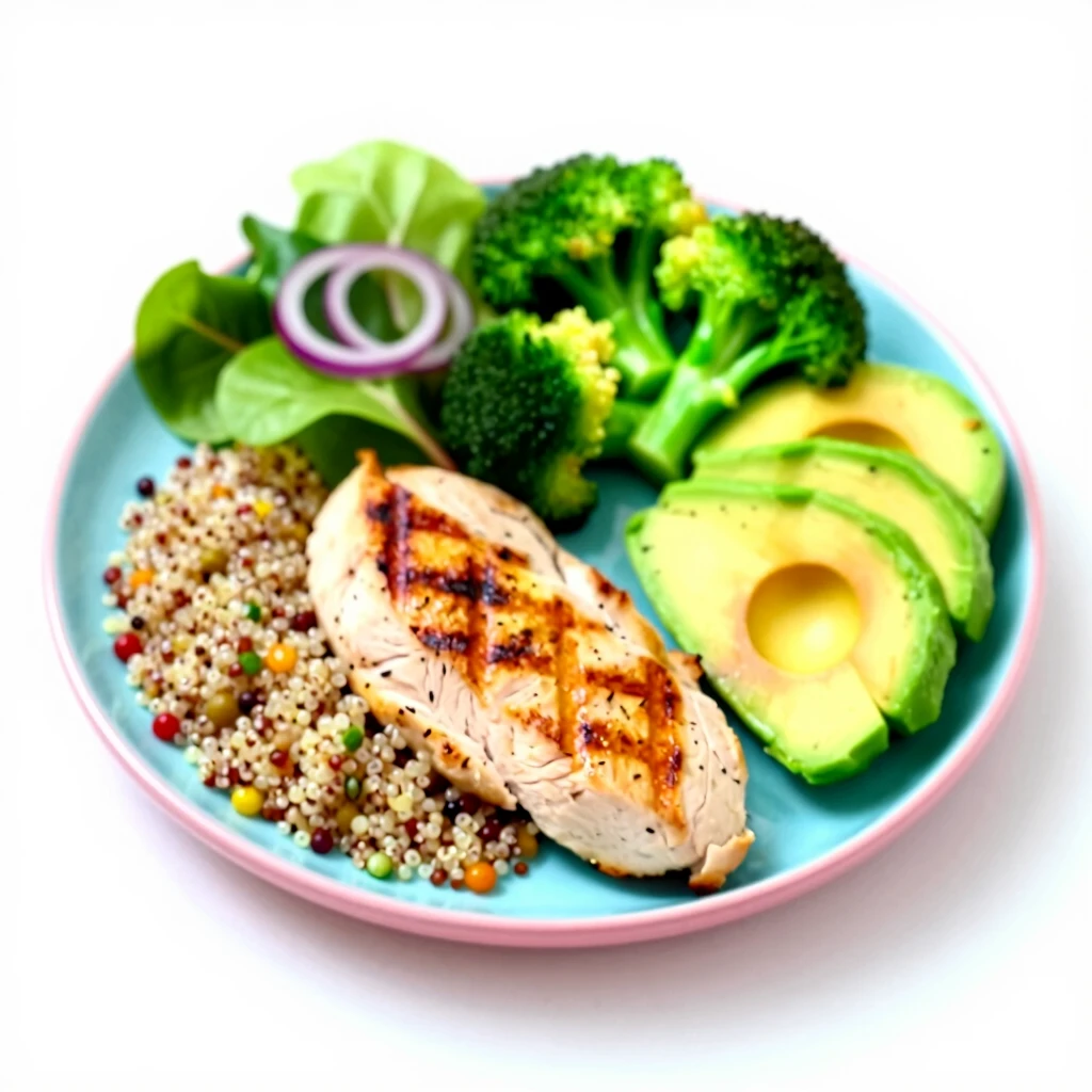 Farfurie colorată cu piept de pui la grătar, quinoa, broccoli aburit, felii de avocado și salată proaspătă