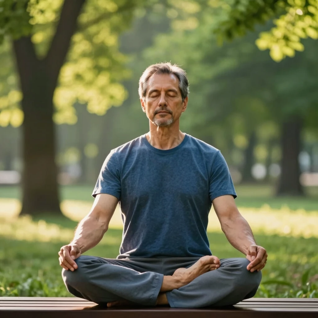 Bărbat meditând în parc la răsărit, practicând respirație profundă
