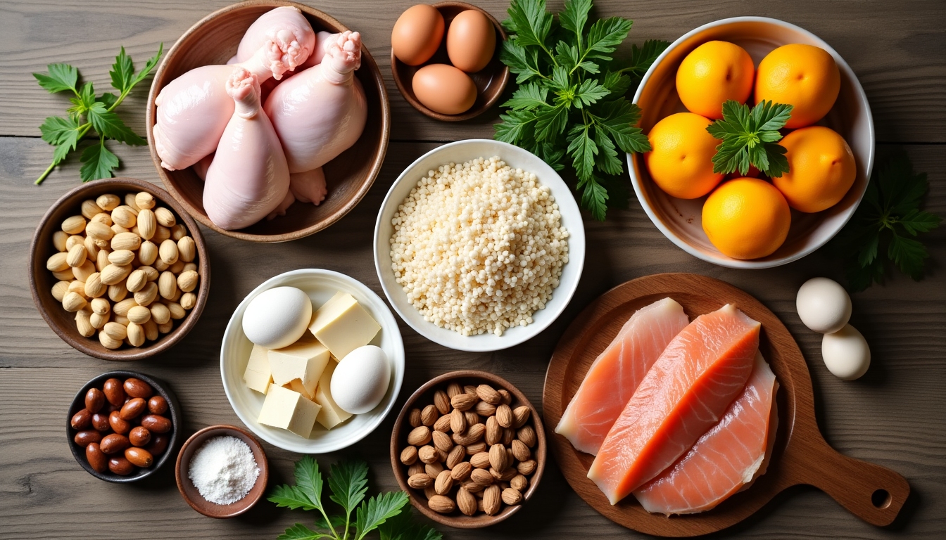 Imagine cu o varietate de alimente proteice pe o masă.