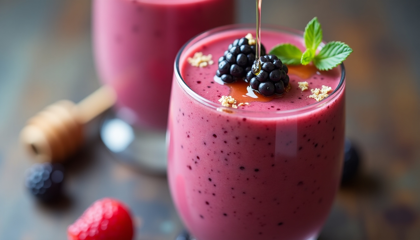 Smoothie de fructe de pădure turnat într-un pahar, decorat cu fructe proaspete și miere.