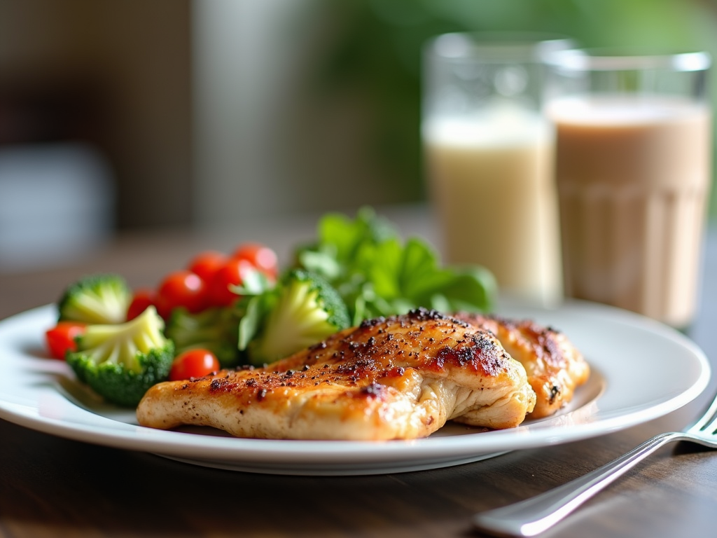 Farfurie cu masă bogată în proteine, cu pui, legume și un shake de proteine, reprezentând o dietă bazată pe proteine.