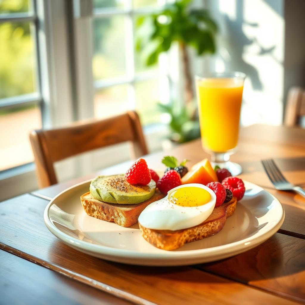 Farfurie cu mic dejun sănătos, conținând avocado, ou fiert, fructe de pădure și suc de portocale, pe o masă de lemn, luminată natural.