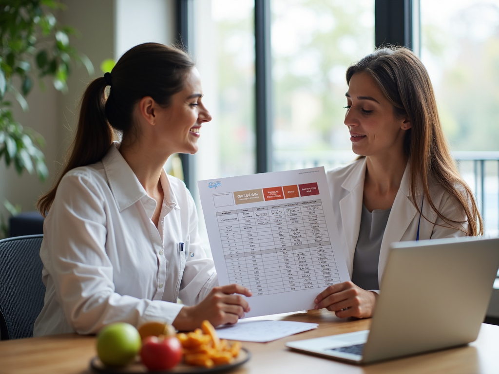 Nutriționist explicând un grafic de calcul caloric unui client într-un birou modern.