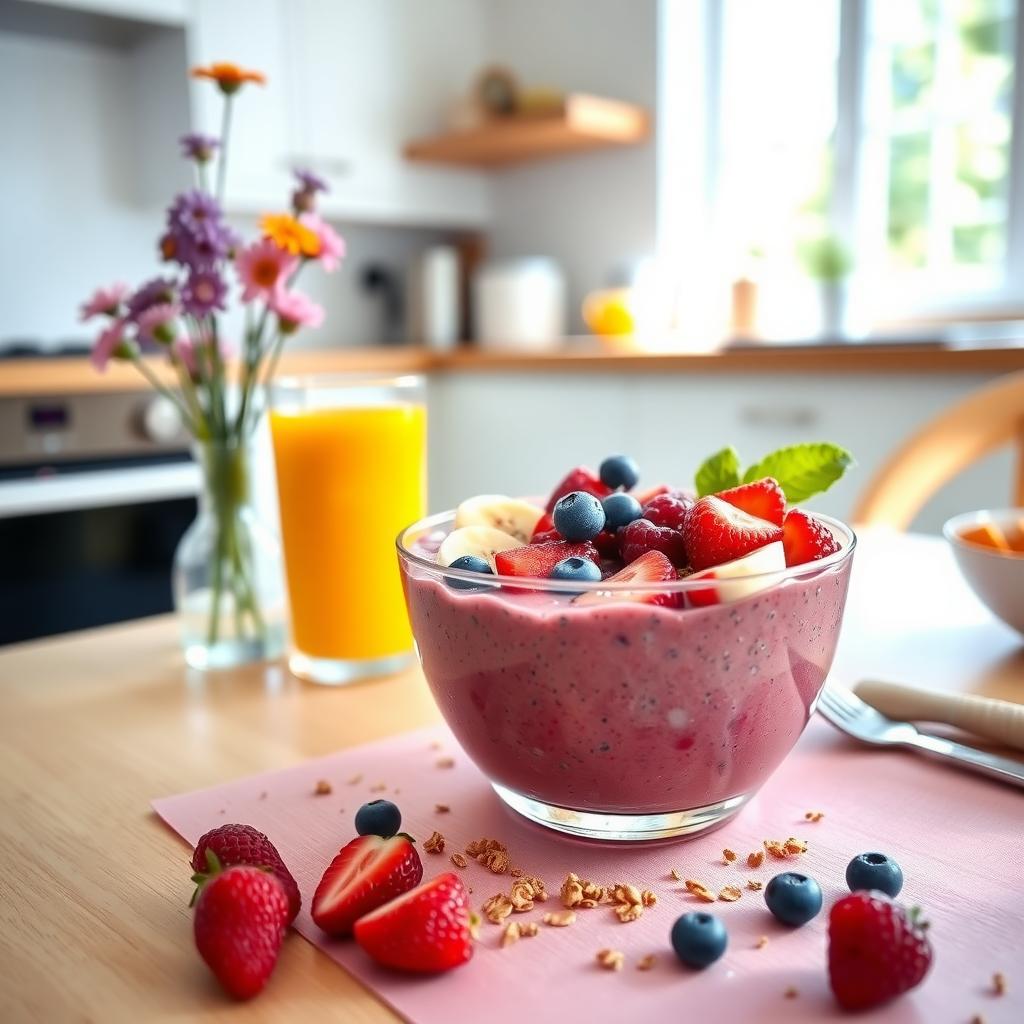 Un bol de smoothie colorat cu fructe de pădure, banane feliate, semințe de chia și granola, așezat pe o masă de mic dejun luminoasă, lângă un pahar cu suc de portocale și o vază mică cu flori sălbatice.