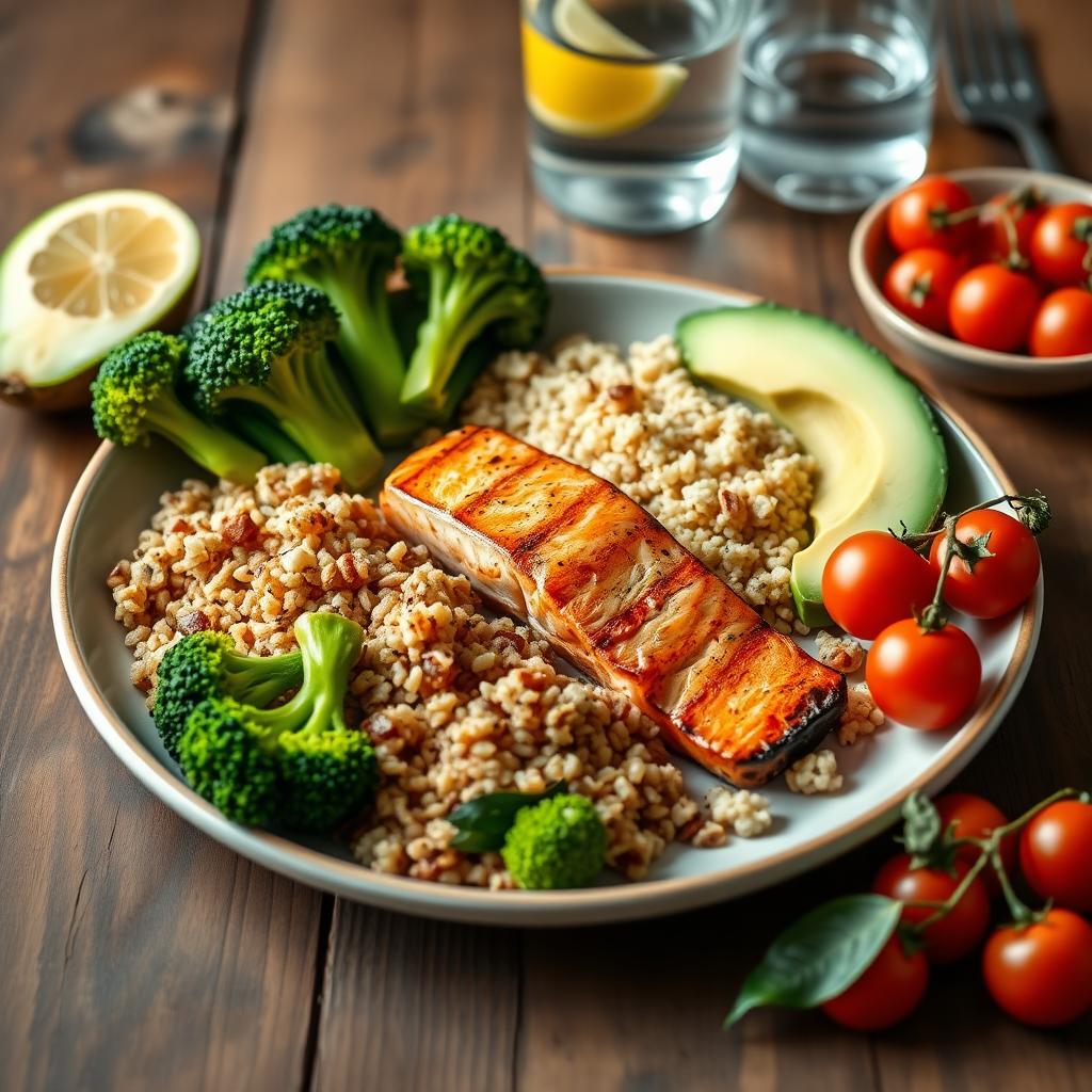 Farfurie cu alimente sănătoase pentru slăbit, inclusiv somon la grătar, quinoa, broccoli și avocado, pe o masă rustică din lemn.