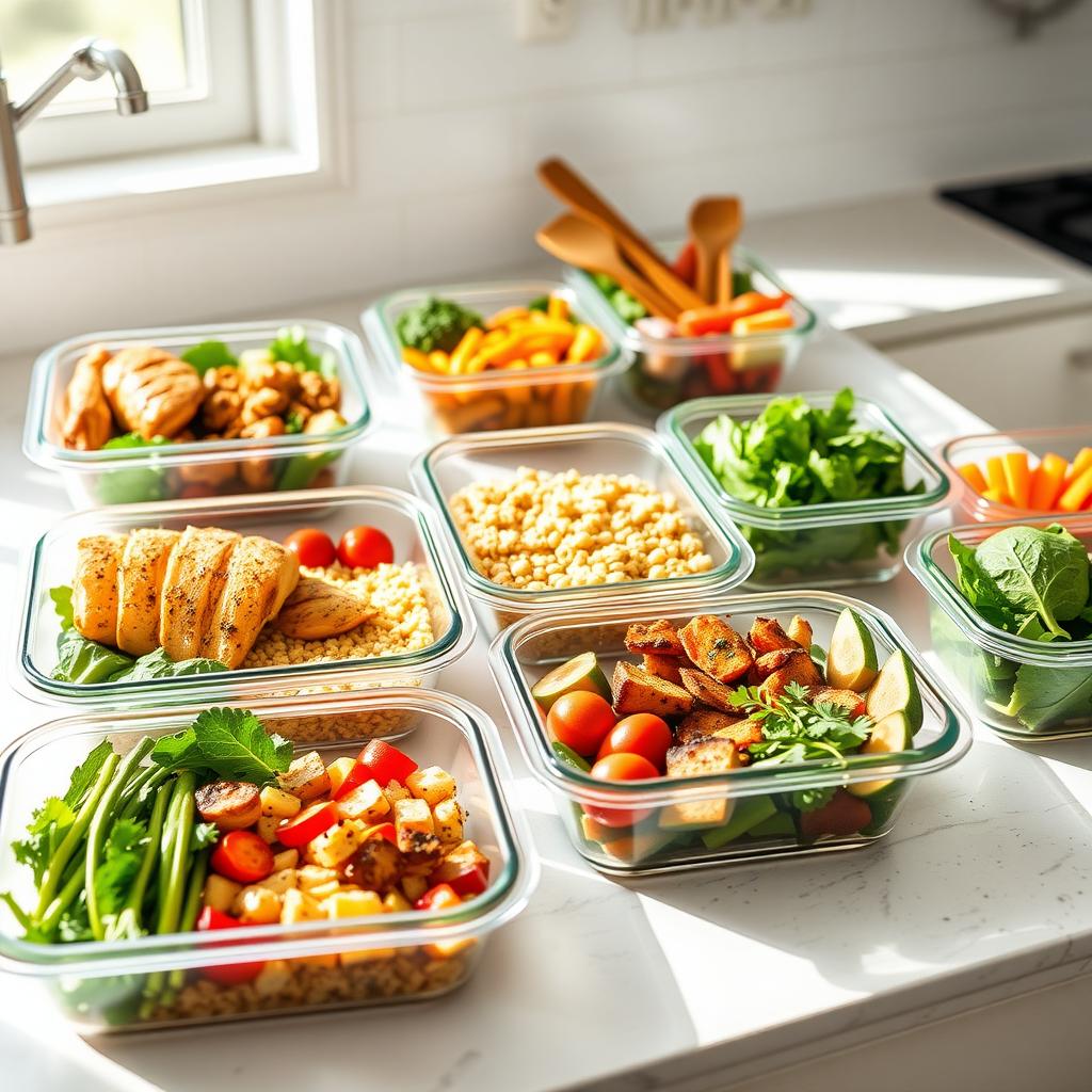 Containere cu mâncare sănătoasă, inclusiv pui la grătar, quinoa și legume proaspete, aranjate pe o masă de bucătărie luminoasă.