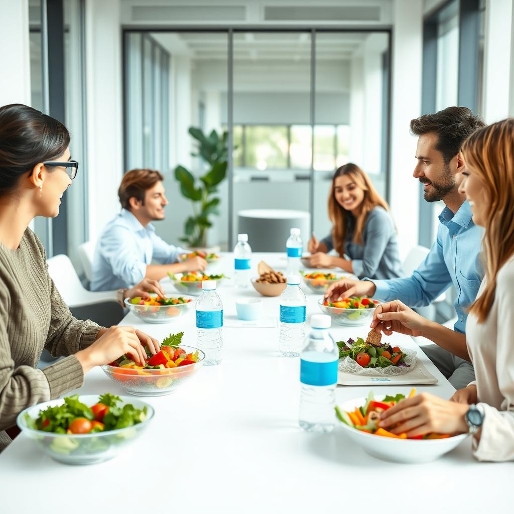 Colegi care savurează un prânz sănătos într-o sală de pauză modernă, cu salate și wrap-uri sănătoase.