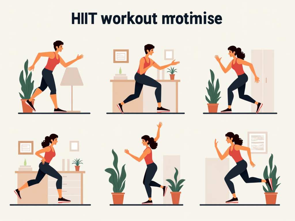 Imagine cu diverse exerciții HIIT, cum ar fi sărituri, alpinism și genunchi ridicați, efectuate într-un cadru casnic.