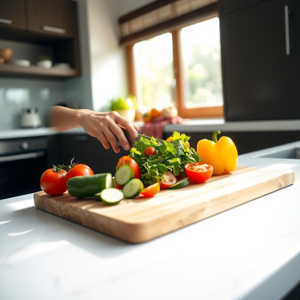 Imagine fotorealistă a unei persoane care pregătește o salată sănătoasă într-o bucătărie modernă, tăind legume proaspete precum roșii, castraveți și ardei gras pe un tocător de lemn, cu lumină naturală care pătrunde prin fereastră.