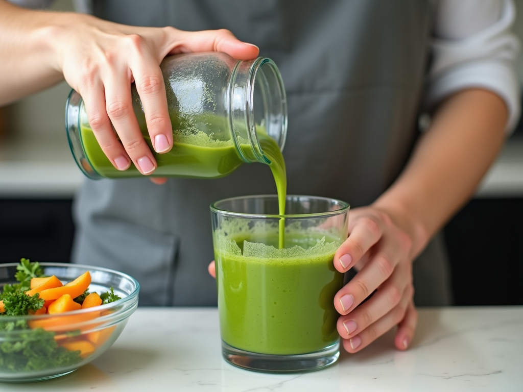 Persoană turnând un smoothie verde într-un pahar