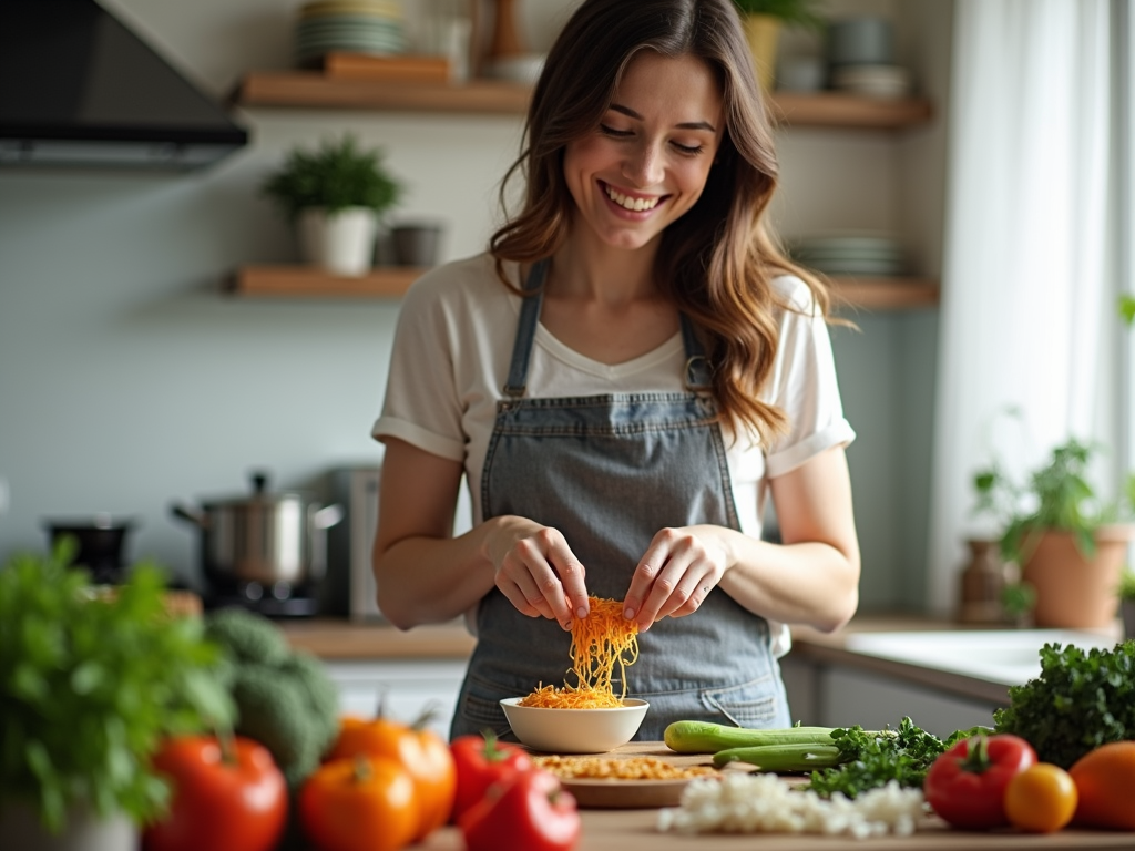 Persoană care gătește fericită o masă sănătoasă în bucătărie, înconjurată de ingrediente proaspete.
