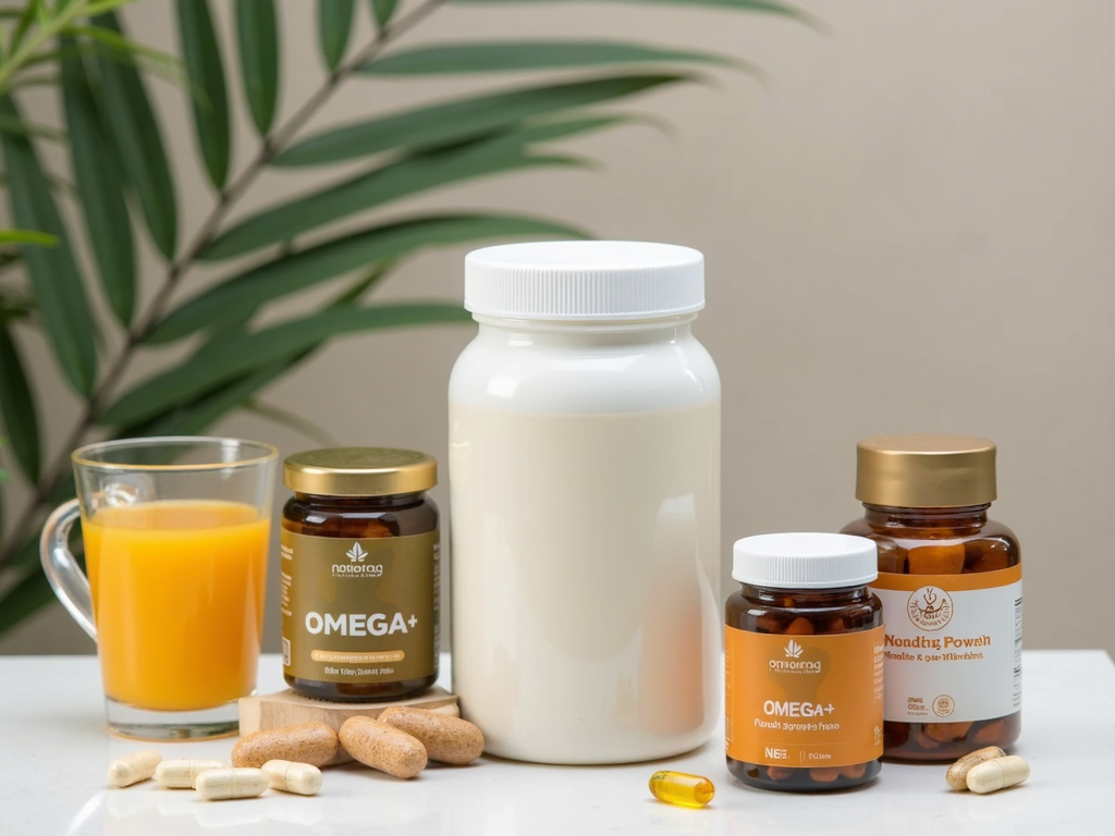 O varietate de suplimente, cum ar fi pudra de proteine, multivitaminele și capsulele de omega-3, pe o masă.