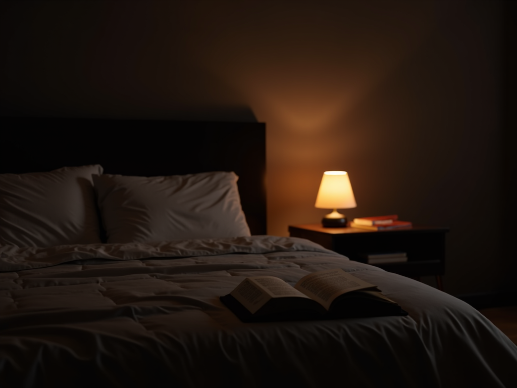 Un dormitor confortabil cu lumină slabă și un pat primitor