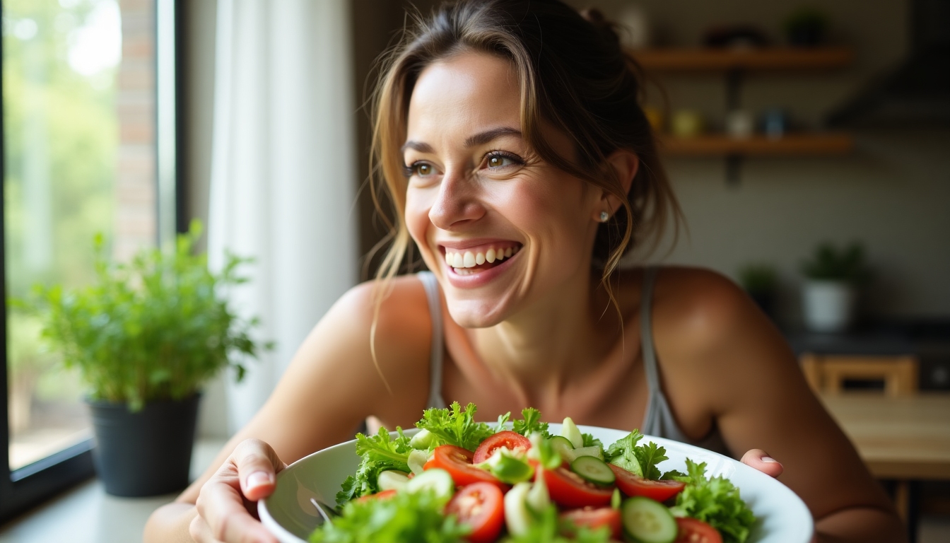 O femeie fericită care se bucură de o salată mare și sănătoasă.