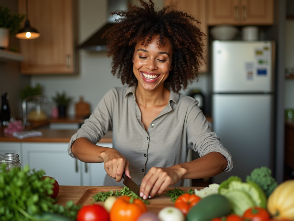 Persoană care pregătește o masă sănătoasă cu ingrediente proaspete, tăind legume cu zâmbetul pe buze.