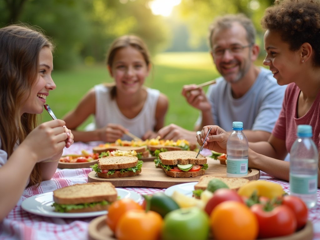 Prietenii savurează un picnic sănătos în aer liber