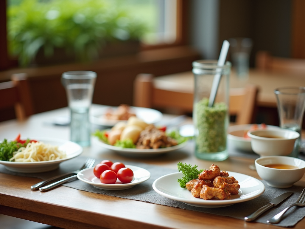 O masă de dining aranjată cu farfurii și boluri mai mici, subliniind conceptul de control al porțiilor.