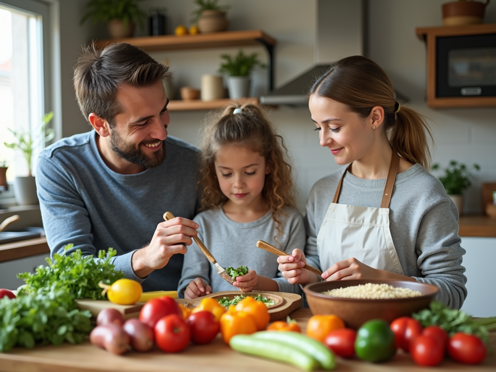 Familie gătind împreună o masă sănătoasă cu legume și cereale integrale.