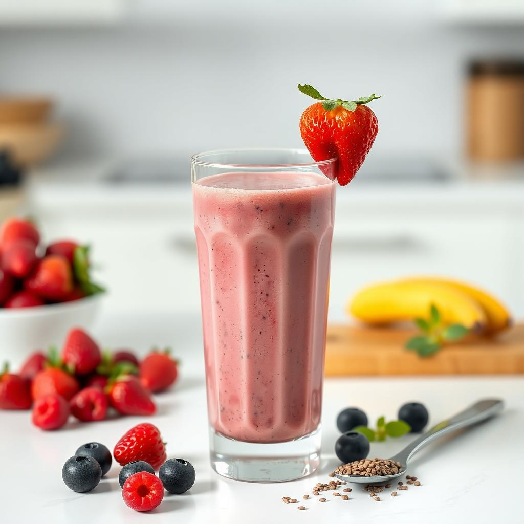 Un smoothie răcoritor cu fructe de pădure într-un pahar înalt, decorat cu o căpșună, așezat pe un blat alb, cu fructe de pădure și semințe de in în jur.