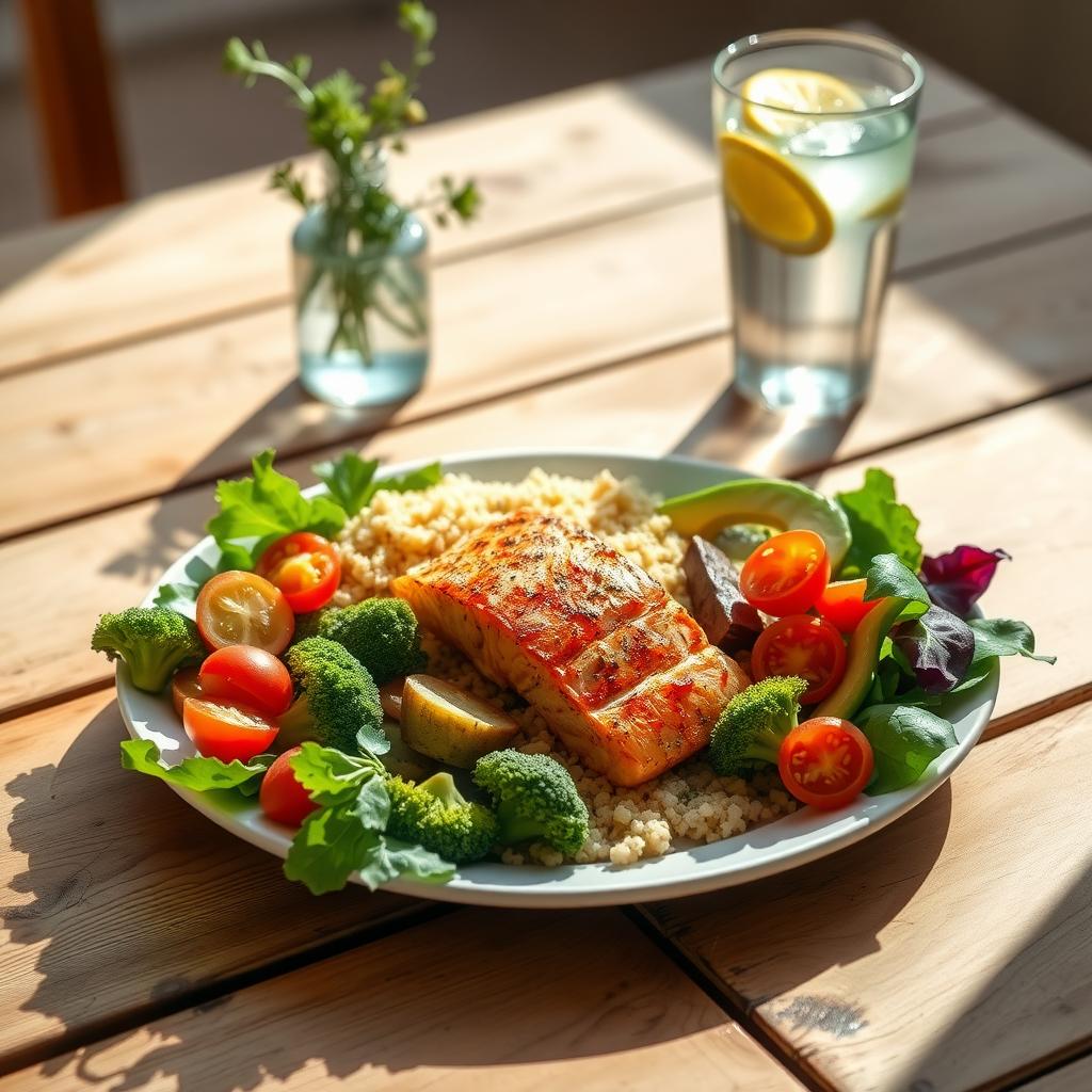 O farfurie cu o masă echilibrată, formată din somon la grătar, quinoa, broccoli fiert și o salată de verdețuri cu roșii cherry și felii de avocado, așezată pe o masă rustică din lemn, cu lumină naturală.