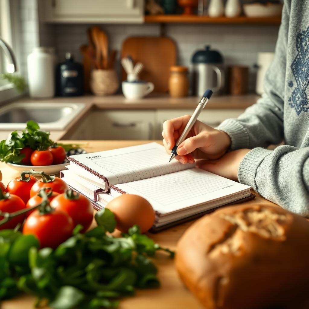 Persoană care notează într-un caiet de planificare a meselor, înconjurată de ingrediente proaspete precum roșii, spanac, ouă și pâine integrală, pe un blat de bucătărie.