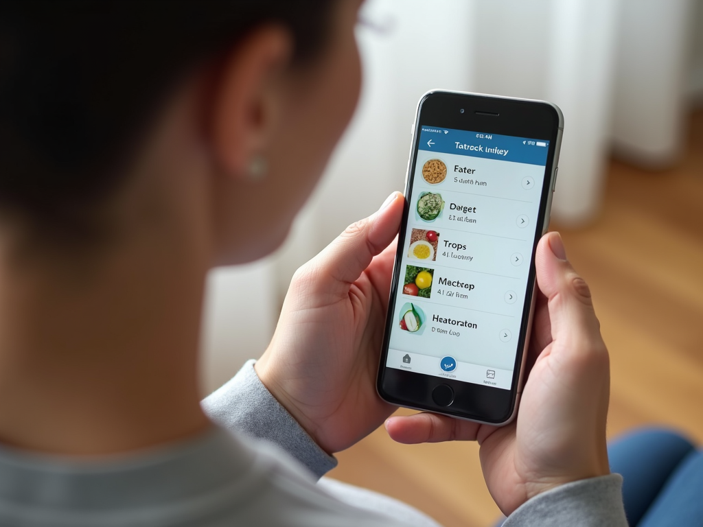 Persoană care folosește o aplicație pe smartphone pentru a urmări aportul caloric și exercițiile fizice