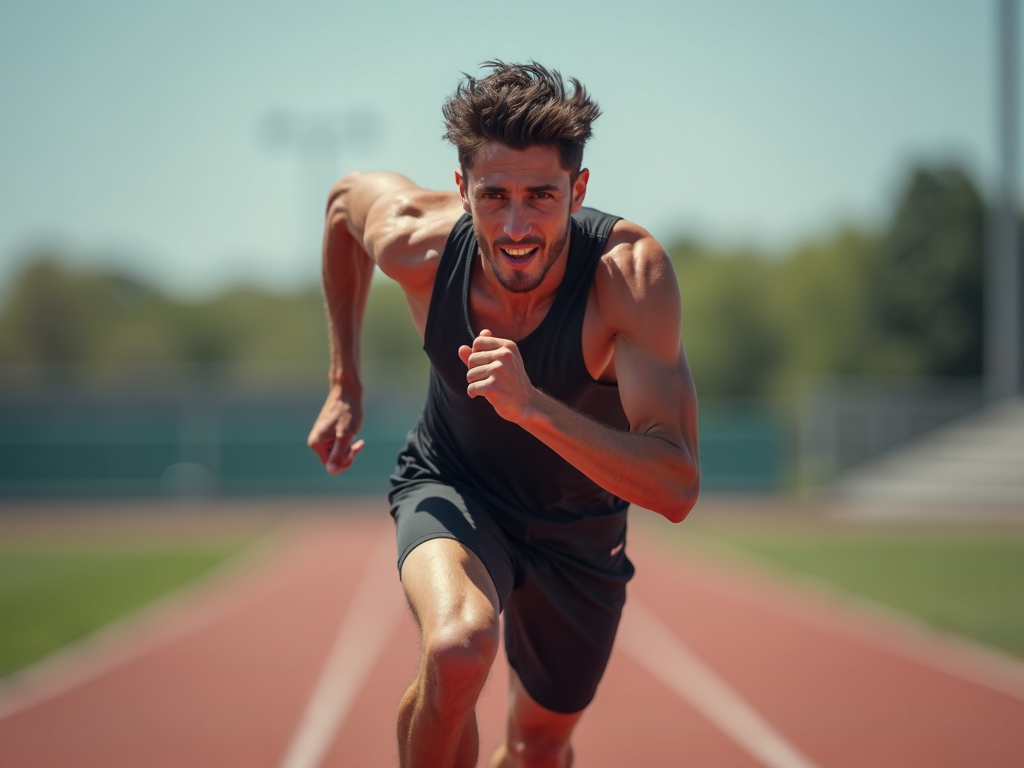 Un sportiv care sprintează pe o pistă în aer liber într-un antrenament HIIT.