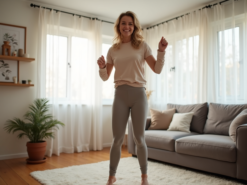Persoană făcând jumping jacks acasă