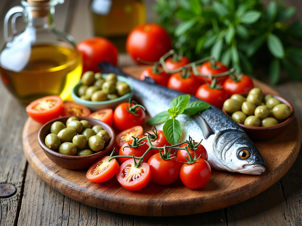 Masă mediteraneană cu alimente proaspete și sănătoase