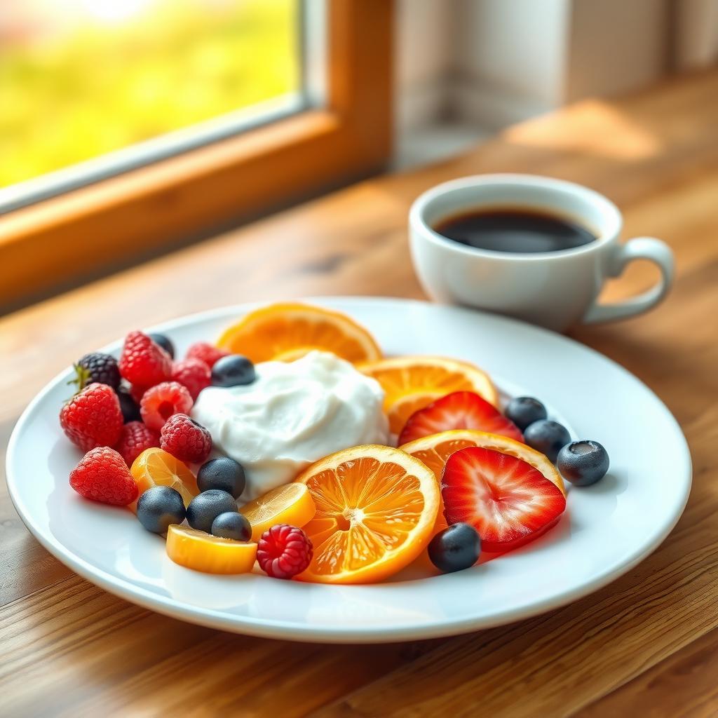 Farfurie sănătoasă cu fructe proaspete, iaurt grecesc și cafea neagră pe o masă din lemn, luminată natural.