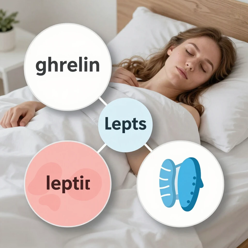 Ilustrație cu hormonii ghrelin și leptin influențând apetitul și greutatea corporală, sub impactul somnului