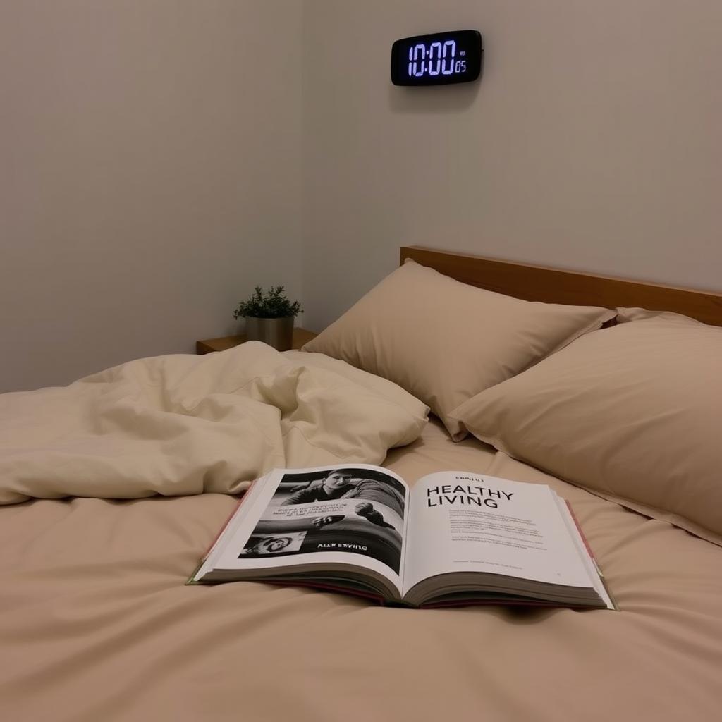 O cameră de dormit confortabilă cu lenjerie de pat în culori neutre, lumină slabă și un ceas digital care arată ora 22:00, creând o atmosferă relaxantă.