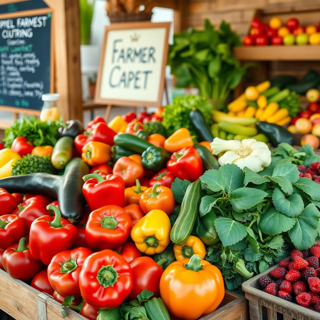 Tarabă de piață cu legume și fructe proaspete, inclusiv ardei gras, dovlecei, verdețuri și fructe de pădure, pe o masă de lemn cu o tăbliță în fundal.