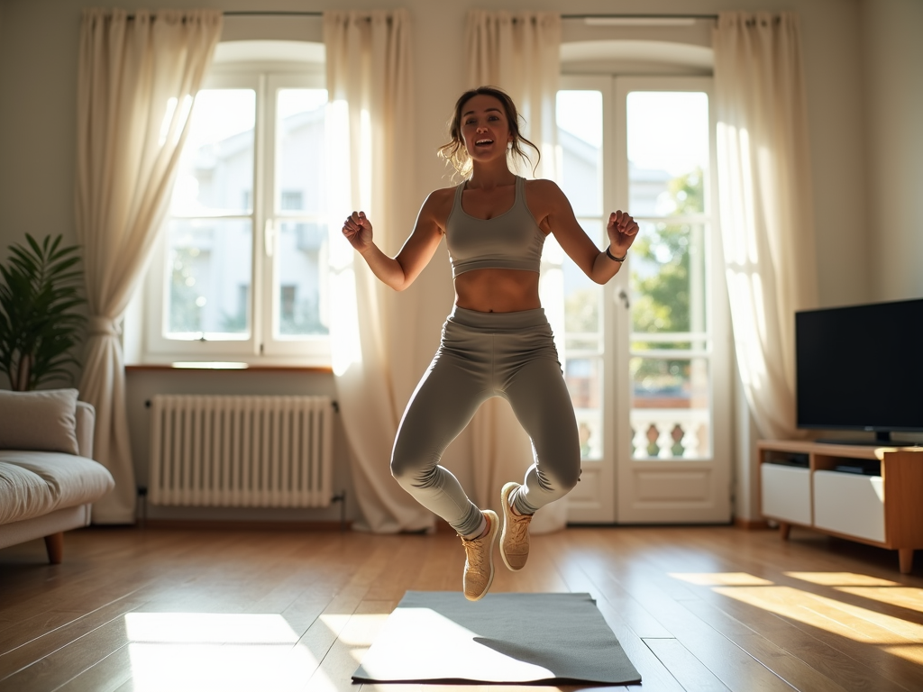 O persoană care face sărituri în stea într-un living luminos, cu soarele strălucind prin ferestre și un covoraș de yoga pe podea.
