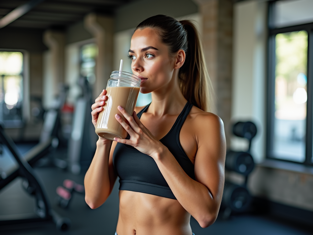 Femeie în formă care bea un shake proteic după antrenament, într-o sală cu greutăți pe fundal.