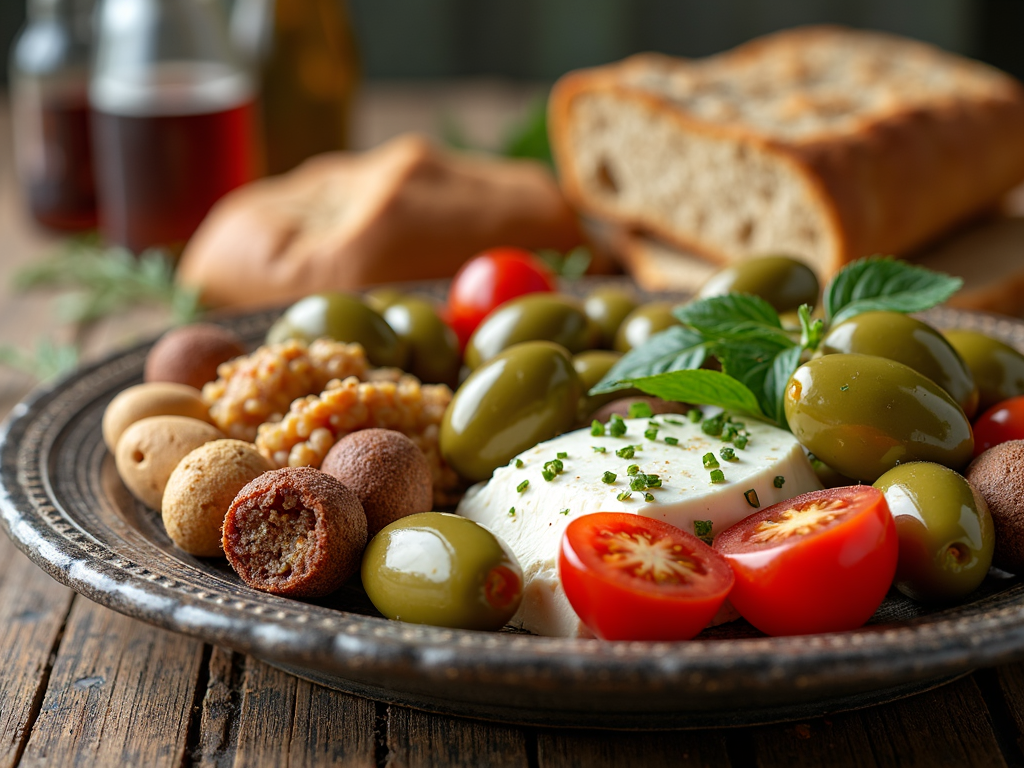 O farfurie colorată cu alimente din dieta mediteraneană, inclusiv măsline, roșii, brânză feta și pâine integrală, pe o masă rustică din lemn.