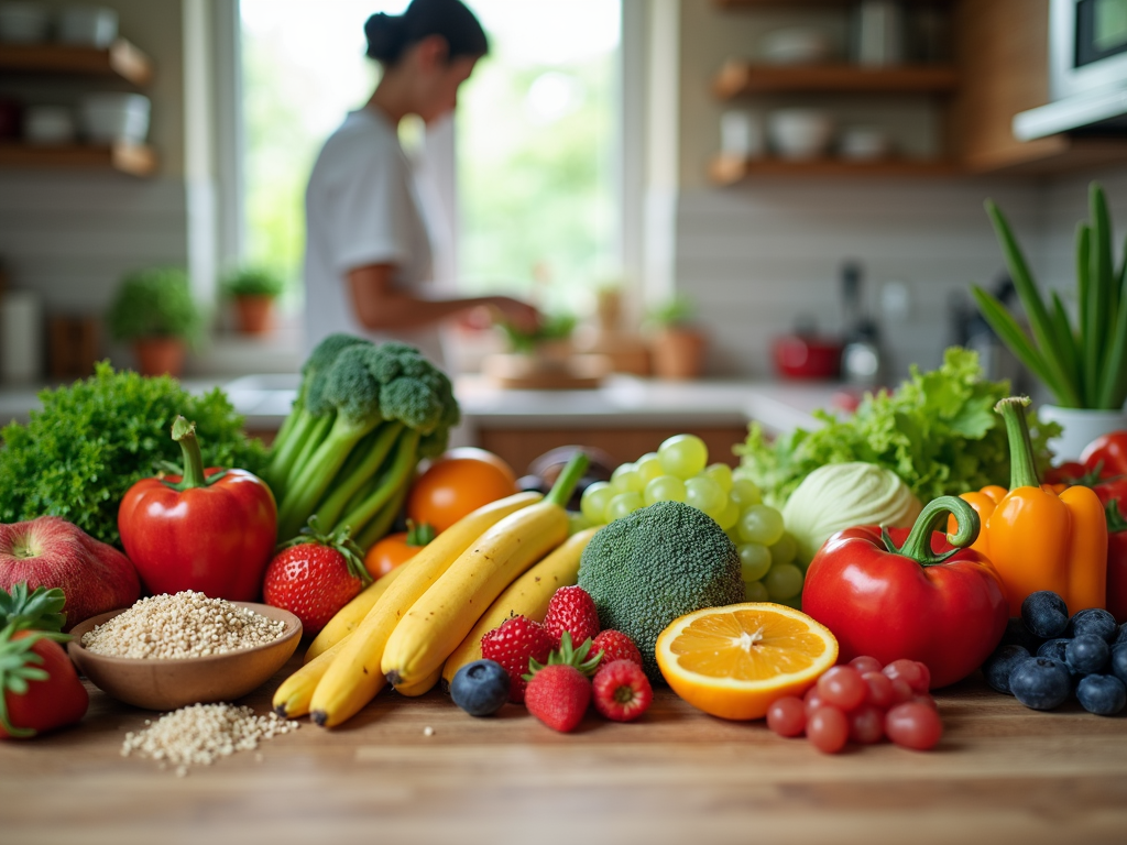 O bucătărie liniștită cu fructe, legume și cereale integrale pe o masă din lemn, cu o persoană care pregătește o masă sănătoasă.